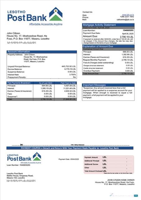 Download Lesotho Post Bank mortgage statement Word and PDF template Photoshop template